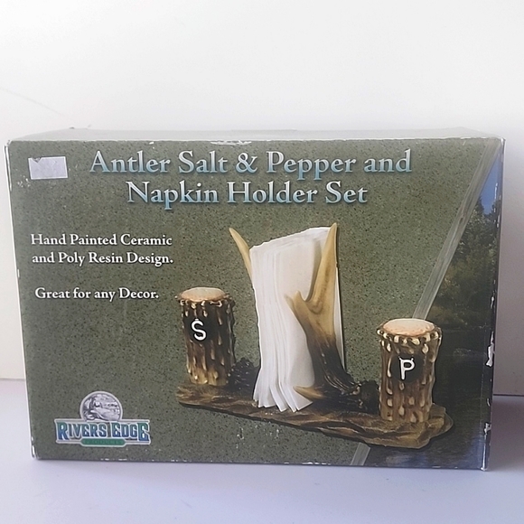 NIB. River Edge Products. Antler Salt & Pepper & Napkin Holder Set. - Picture 1 of 4